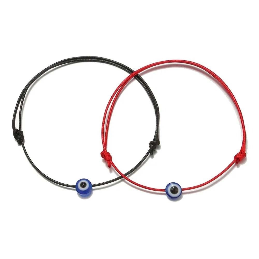 Set of 2 Evil Eye Charm Bracelets Adjustable Red Black Cord Protection Jewelry